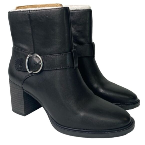 Lucky Brand Achelle Black Leather Bootie Silver Buckle Stacked Block Heel Zipper - Picture 1 of 15